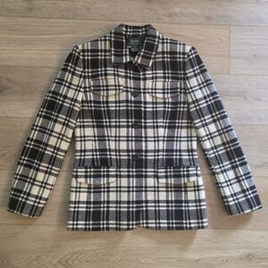 PRISTINE Lauren Ralph Lauren Black White Plaid Wool Blazer Jacket Size 6 Lined
